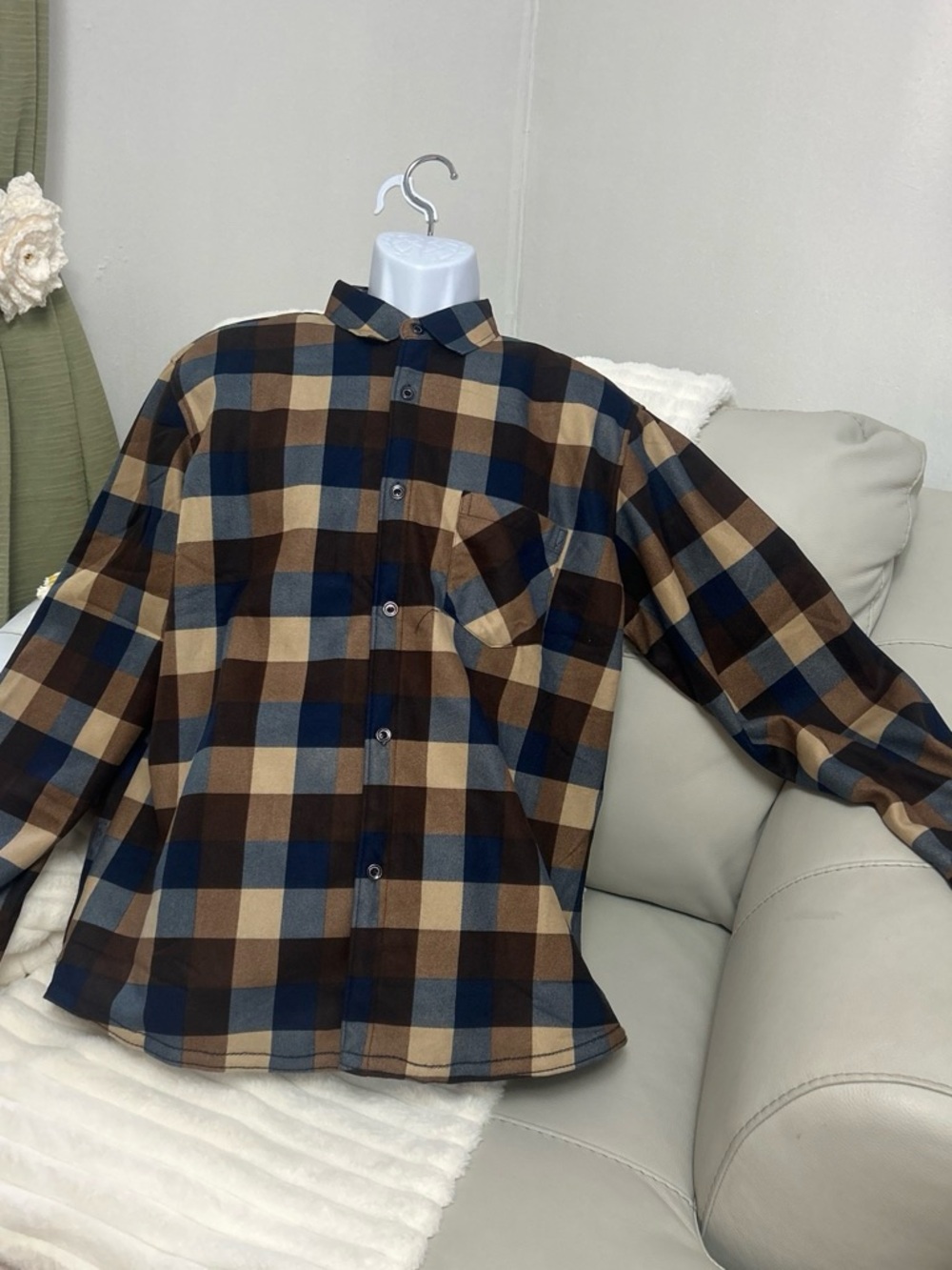 Casual Plaid Button-Down Shirt in Brown, Navy & Tan